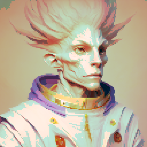 red headed male wizard with regal white robes, adorned with astrological symbols, in a pixel art style with vibrant sRGB colors
