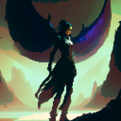 Full-body final Boss with long thin sword and flowing black hair, angel wing, demon wing.