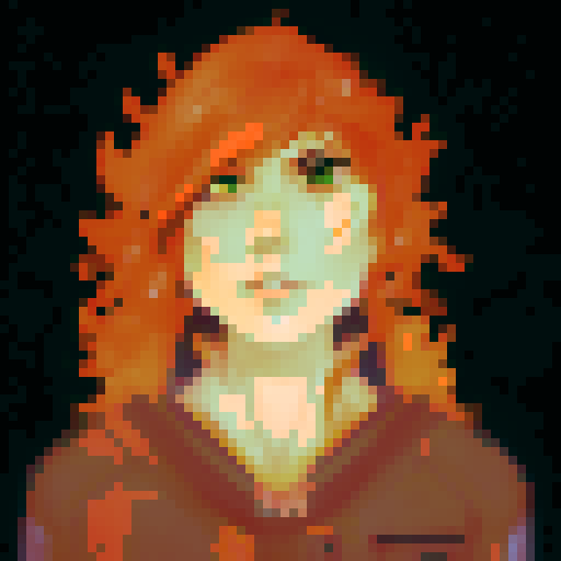 Please generate portrait art for a fantasy character. The character is a readhead busty woman with long hair a brown tunic.