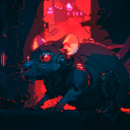 rat cyborg, metallic limbs, glowing red eyes, circuitry embedded in fur, futuristic city backdrop, neon lights, sharp fangs, pixelated aesthetic
