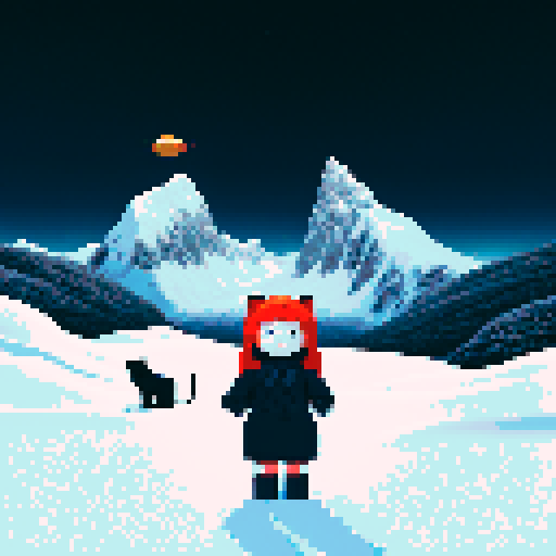 Redhead with black cat in between towering, snowy mountains in space