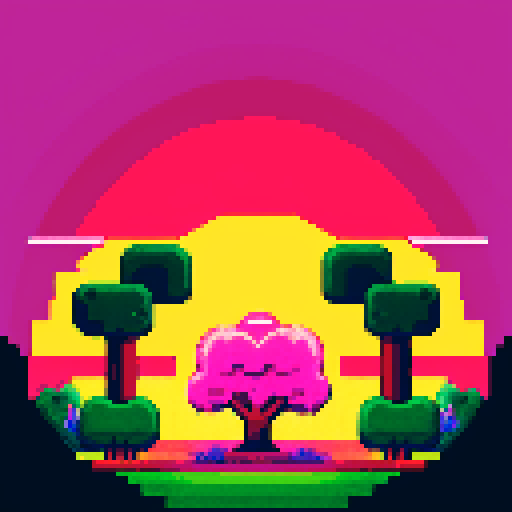 heart-shaped tree, vibrant sunset colors, pixelated leaves, retro video game aesthetic, 8-bit art style, nostalgic pixel art, glowing orange and pink hues, digital landscape, blocky branches and trunk, low-resolution graphics, computer-generated artwork, saturated colors, nostalgic vibes, art made with limited color palette, digital interpretation of nature, nostalgic video game scene, simplified shapes, nostalgic pixelation