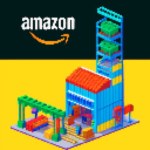 young, warehouse female worker, Amazon Germany, pixel art, vibrant colors, retro aesthetic, busy conveyor belts, stacks of packages, robotic arms, barcode scanners, glowing computer screens, pixelated logo, energetic motion lines, pixelated Amazon logo, German flag colors