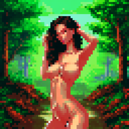 sexy beautiful model, green eyes, golden wet skin shining, orange sunset light, coy smile, tanned skin, black wavy shiny hair, 50mm portrait, sun, glamour, soft curves, ass, full wet lips, nude, nsfw, +18, sRGB, pixel art, background, landscape