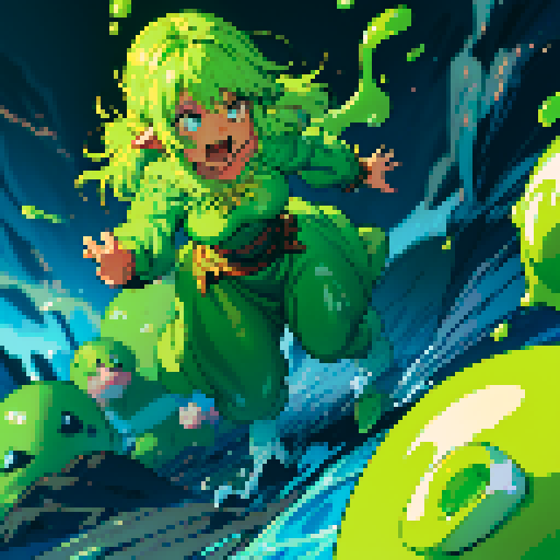 slime surging up around someone, slime engulfing a hero, slime consuming a hero, hero getting engulfed by slime, slime attack, dynamic, slime slamming into someone, impact, splashing slime, full-body image, full-body art, hero's hair and clothing color vary