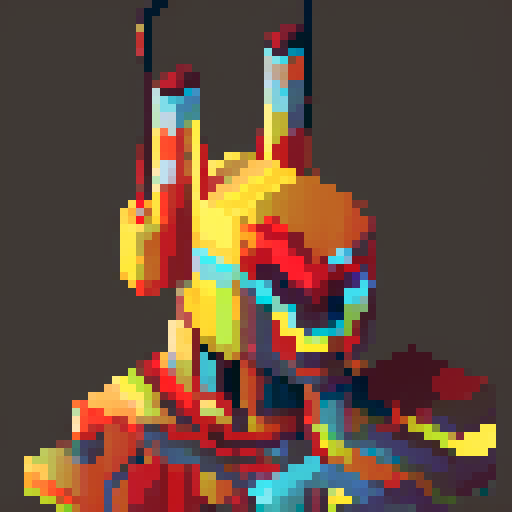  mixed arts, futurism, red. yellow, blue, pixel art, spider legs at bottom,  two horse head on Torso, golden heart as torso, crown, tri-colors, 2d, pixel, pixelized, monster mixed in arts