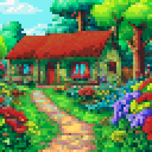 an adorable cottagecore cottage with a winding path and garden of wildflowers limited colors