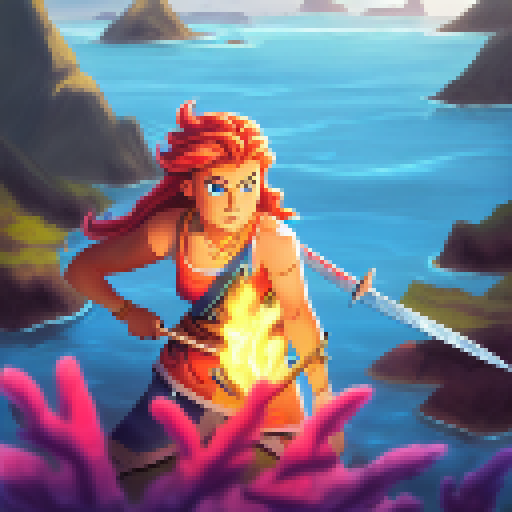 Island queen wields fiery sword, battling sea monsters as the sun beats down on her, surrounded by a school of bloodthirsty sharks.
