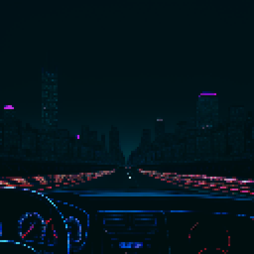 car dashboard illuminated with city lights, cruising along a bustling highway, surrounded by towering skyscrapers and a depressing skyline, under a pollutedt sky, capturing the essence of mystery and depression