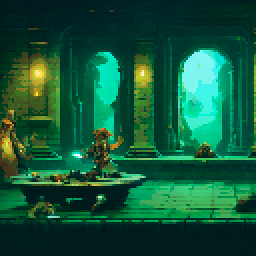 side-scrolling pixel character, navigating through an ancient Roman-inspired interior scene filled with enemies, jumping over water pipes and avoiding brick obstacles, all while surrounded by dark green and brownish pale architecture reminiscent of Romanism The character's cold tones and alarmed expression convey a sense of crisis, as if they are on a quest involving witchcraft in a fantasy RPG