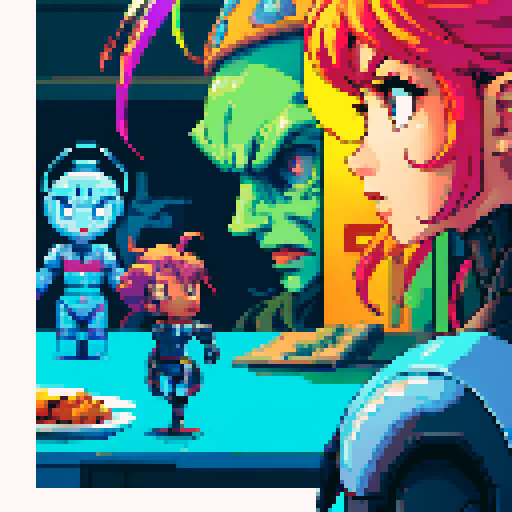 pixelated, colorful, retro, 5 individuals, terrified, distant, robot, table