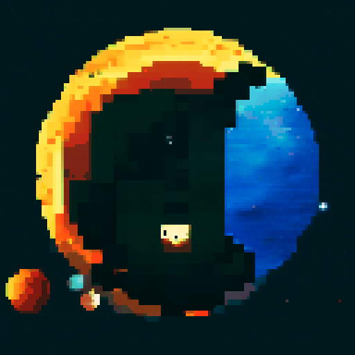 black cat with orange eyes, wandering through galaxies and space, surrounded by planets and comets