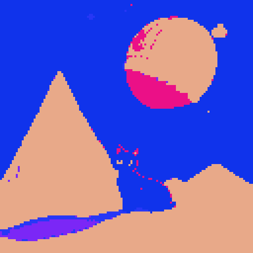 Woman with auburn hair and a black cat with yellow eyes in between towering, snow mountains in space