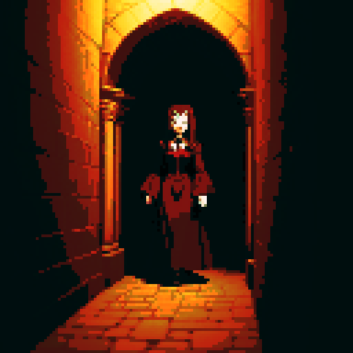 A vampire lurking in an old castle hallway