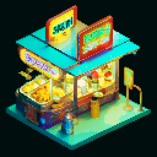 Isometric view of a food stall. Set at night. Neon sign is the sole source of light. Red and cream awnings. Has tables and stools around for diners. No people. Retro-futuristic style.