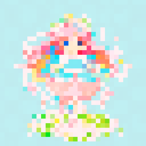 Anime girl with vibrant pink hair, wearing a flowing blue dress adorned with white flowers, waving joyfully with a gentle smile on her face in a pixel art style using the sRGB color space