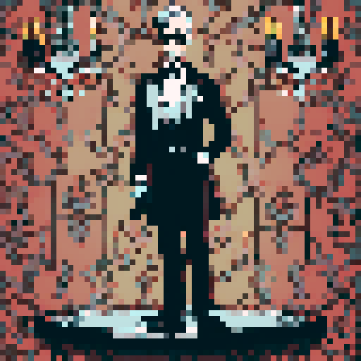 butler, formal attire, monocle, polished shoes, silver tray, elegant hand gesture, vintage wallpaper, chandelier, detailed facial features, refined posture, intricate pixel art, vibrant sRGB colors