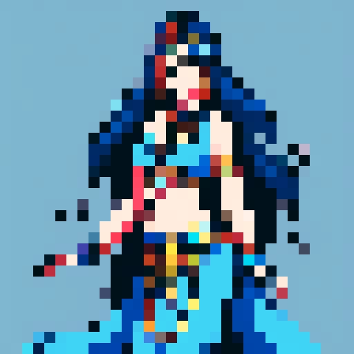 Beautiful cartoon wearing a blue belly dancer outfit and she has long black hair 