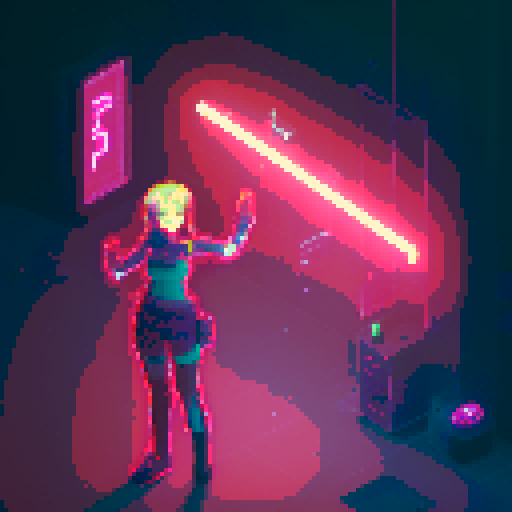 cyberpunk anime girl, fluorescent tattoos, glowing staff, neon-lit night market, bustling crowds, pixel art