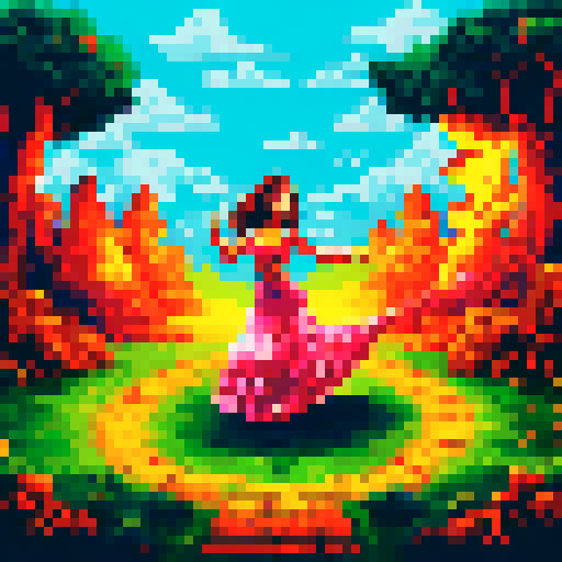 Andalusian gypsy girl, Candela, swirling in a pixel art flamenco dress as she dances the Ritual Fire Dance by a vibrant sRGB campfire, along with her ghost husband hovering over the campfire and her fellow gypsies, at night.