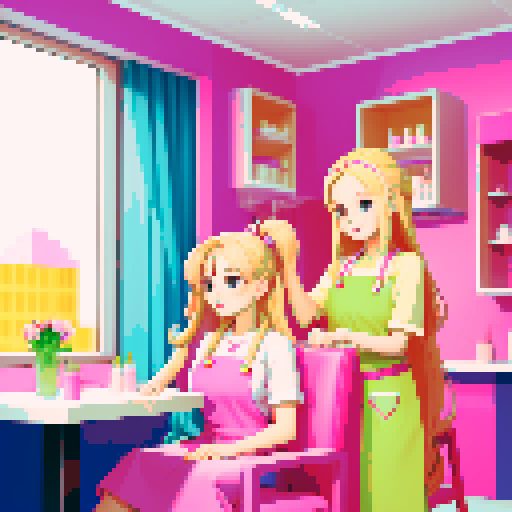 A nail tech with long blonde hair wearing a pink apron and a girl with brown hair facing each other at a table in a nail salon.