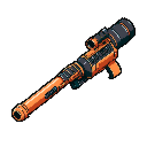 I want a big copper minigun viewed from from the side. It should not be on a stand buy instead floating in the center of the frame. It should have strange mechanical details that could interlock with others. I want this object usable an asset in a videogame, meaning only one object per image, outlined with a strong black stroke, on a solid-color background. 