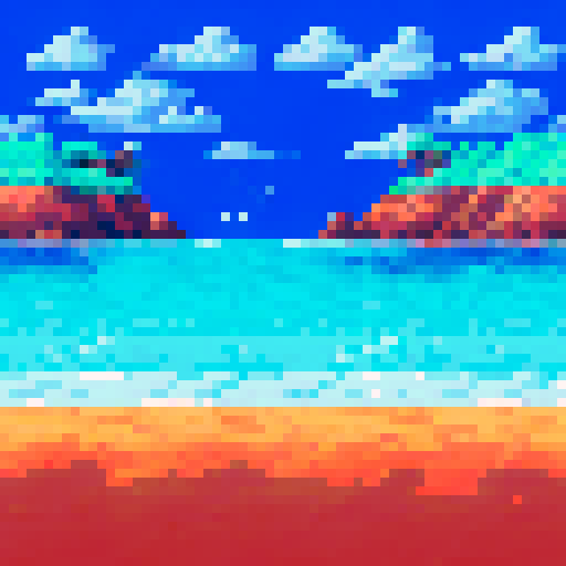 ocean waves crashing, vibrant blue hues, pixelated ripples, sandy beach, rocky shoreline, seagulls flying, distant horizon, tranquil atmosphere, top down,