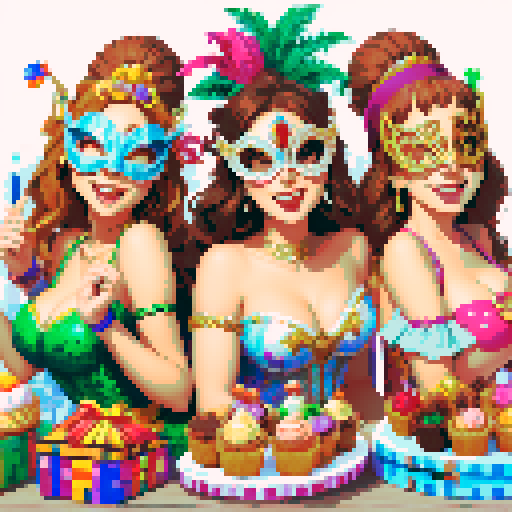  happy women in carnival costume,  in a Masquerade mask, cakes, muffins next to her