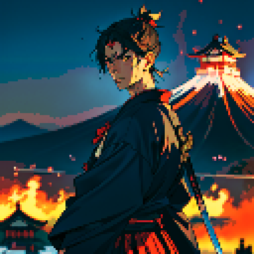 A battle has just ended, our male character is a japanese samurai, he is tired from the battle, his sword is dripping with blood and he's overlooking the burning shrine from his town that has just been attacked. On the backgrouund you can see old Tokyo and Mt Fuji.