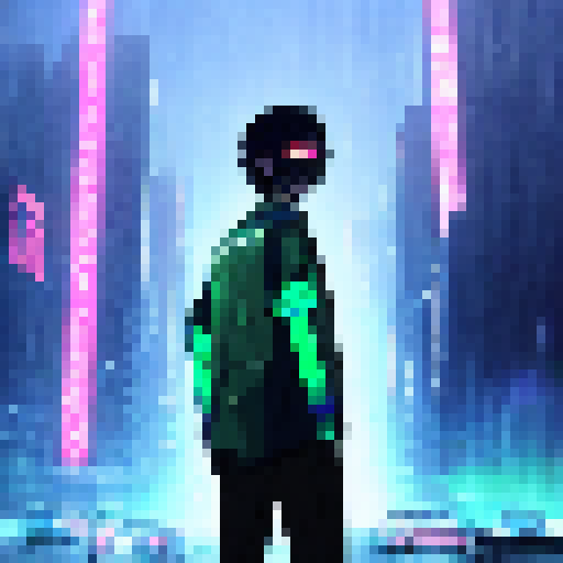 "Rain-soaked Neo gazes up at towering skyscrapers as neon lights reflect in his mirrored shades, while a glitching cyber world swirls behind him in a futuristic, cyberpunk art style."
