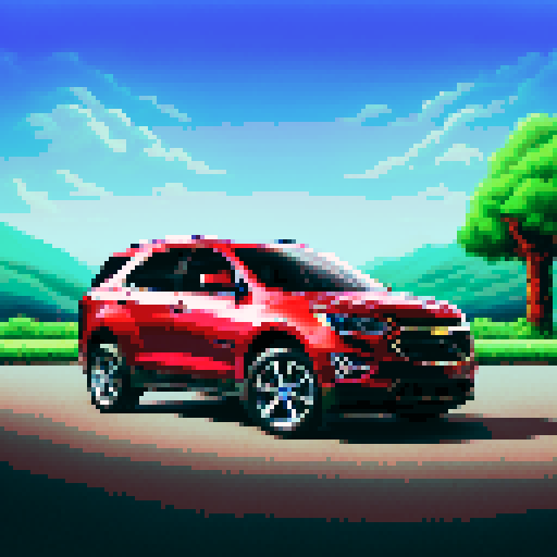 Photorealistic, centered Chevrolet Equinox in a three quarter view, right wheel in front, clean background, pixel art style with sRGB colors
