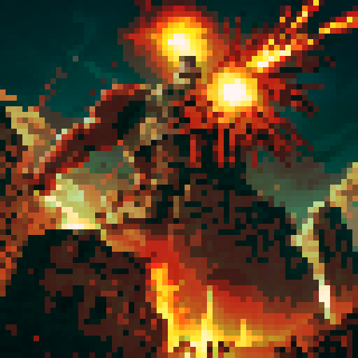 Attack on Titan, colossal titan, epic battle, crumbling walls, intense action, fiery explosions, towering titans, brave soldiers, dramatic poses, dynamic pixel art, vibrant colors, high contrast, intricate details, dramatic lighting, fast-paced movement, adrenaline-fueled scenes, epic scale, dystopian cityscape, steampunk aesthetic