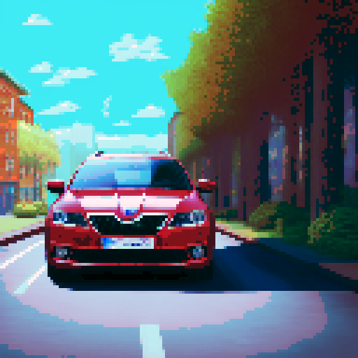 Photorealistic whole Skoda Octavia, centered, three-quarter view, right front wheel, clean background, sRGB colors, pixel art style