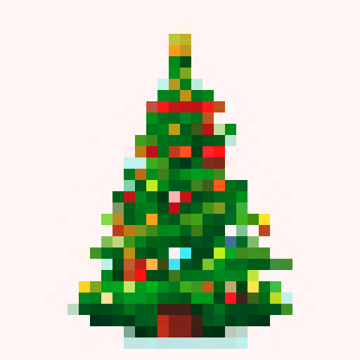 Christmas tree video game badge, bold black outline, defined lines, vibrant srgb colors, 32x32, pixel art