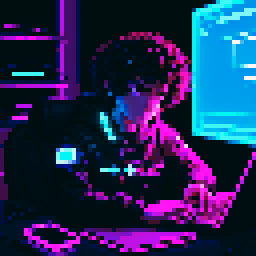 brunette curly boy developer, coding on screen, neon lights glowing, cyberpunk colors, pixel art, sRGB