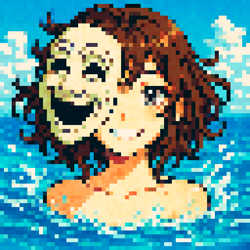 medium length wavy brown hair, falling into the ocean, smile on face, Greek comedy mask, gray eyes, anime style vibrant,