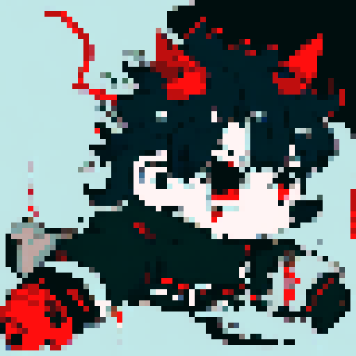 demon slayer, intense gaze, fiery red eyes, sharp fangs, determined expression, flowing black hair, anime style, pixel art, close up, character portrait