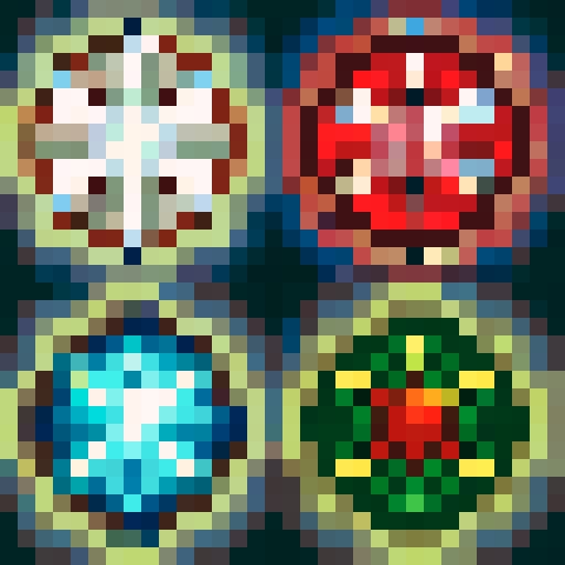 Create four separate 32x32 pixel art images in an 8-bit retro style, designed for use in games. Each image should feature the following elements inspired by the provided designs:

A white snowflake on a golden circular background with icy blue highlights, surrounded by a gold trim. The snowflake should appear detailed but stylized for an 8-bit format.

A red and white candy cane on a red circular background with subtle festive sparkles, surrounded by a gold trim. The candy cane should have a cle