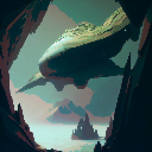 Surrealist, with muted colors and distorted shapes - A sea serpent slithers through a river that winds through jagged mountains, its scales shimmering like opals in the muted, surreal landscape.