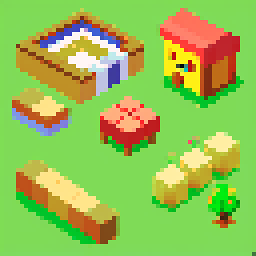 Animal Crossing pixel art, 64x64, seamless game tiles for grass, dirt, sand, water, stone path, in pastel colors, simple retro style, transparent background