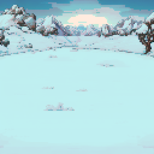 Snow-covered plains framed by leafless, barren trees under a cold, twilight sky. Rugged, snow-capped mountains rise in the distance, with a soft glow of a setting sun on the horizon. The scene is dominated by icy whites and muted blues, with faint shadows creating a chilly and tranquil atmosphere.
