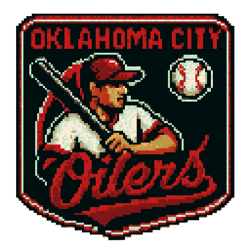 Pixel art of a fictional baseball team called the Oklahoma City Oilers. red, black and white, sharp outlines, and soft pixel shading. The logo design mimics 80s MLB logos. Use a vibrant Sega Genesis 16-bit style with selective dithering, geometric forms, and nostalgic retro charm. Avoid modern gradients—keep it pure pixel art.
