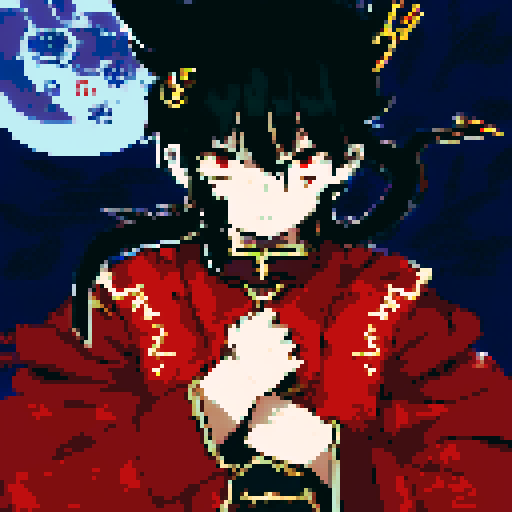 Male half-demon warrior, short black hair, captivating fusion of dark and fiery elements, red eyes reflecting fierce determination and vulnerability, attire blending traditional and modern influences from human and demon, character portrait, anime style, pixel art, close-up