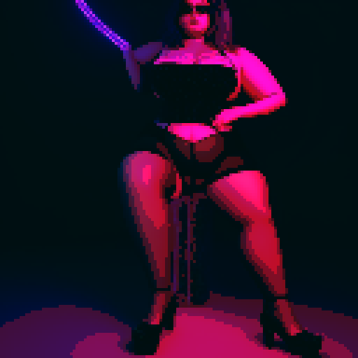 Thicc, curvy, busty goth babe with studded collar, long purple hair in buns, fishnet stockings, studded halter top, posing in neon bar for photo. neon signage, sRGB