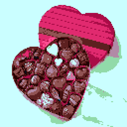 Box of Valentine's Day chocolates, specifically shaped like cupcakes with intricate details such as pink frosting and decorative toppings. Charming and romantic theme. The cupcakes within the box should exhibit a variety of delightful designs, no background, pixel art.