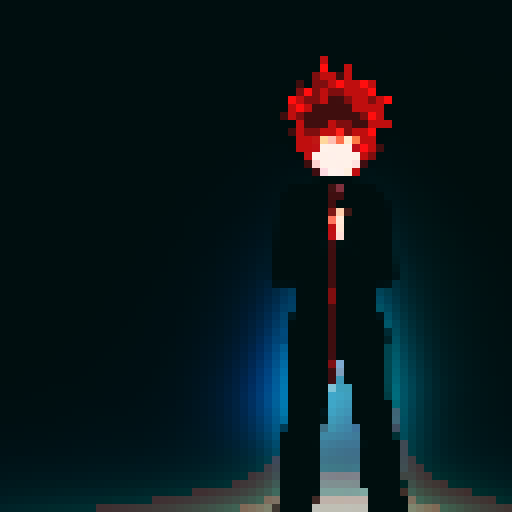Anime boy with spiky hair brandishes a glowing, pixelated sword against a black and neon backdrop.