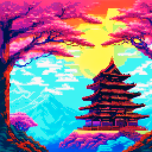 A towering, red-roofed Japanese temple nestled in a lush, mountainous landscape surrounded by cherry blossom trees with pixelated details and a serene sRGB color scheme