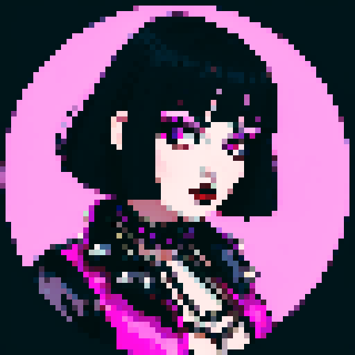 curvy, busty goth girls face, whole head portrait, black hair, purple eyeshadow, red lipstick, low black studded leather halter top, studded collar, vibrant srgb colors, edgy aesthetic. 16 bit, anime style