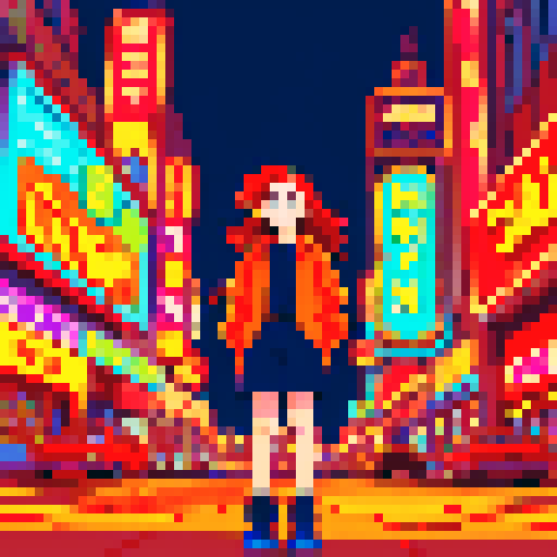 Char, vibrant red hair flowing in the wind, standing tall in front of a whimsical pixelated cityscape, surrounded by colorful characters and neon signs