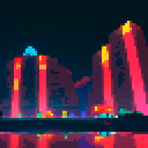 Futuristic colosseum, towering skyscrapers, neon lights, vibrant colors, people wearing futuristic outfits, pixel art
